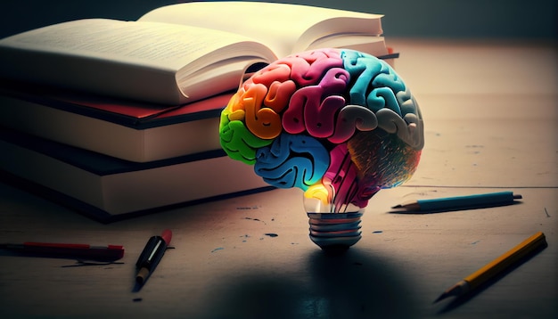 Photo a light bulb with a brain inside is surrounded by books.