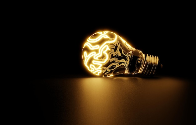 Light bulb with a brain inside with black background3D rendering