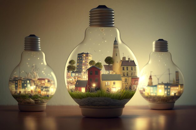 A light bulb with a city inside it