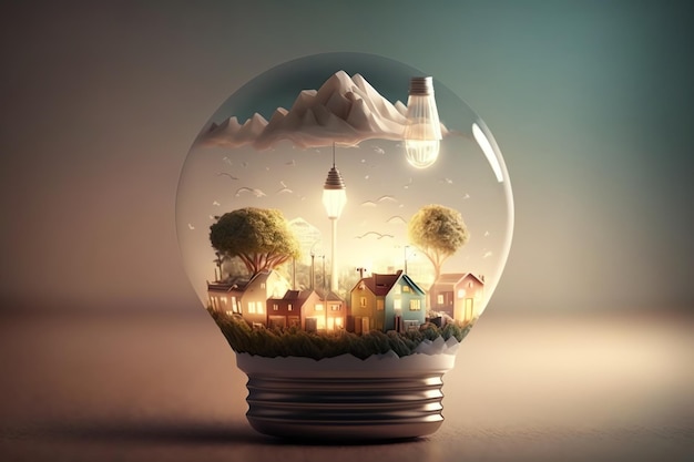 A light bulb with a city inside it