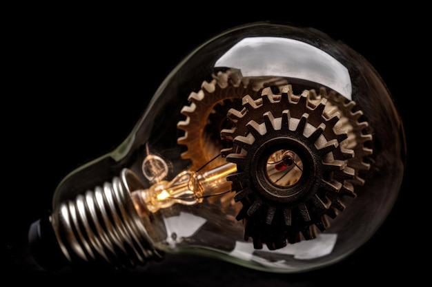 A light bulb with a cog inside