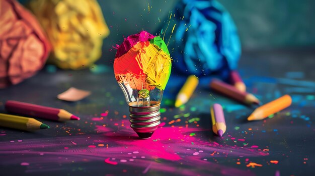Photo a light bulb with colorful paint splattered on it the bulb is sitting on a table with colored pencils and paintbrushes around it