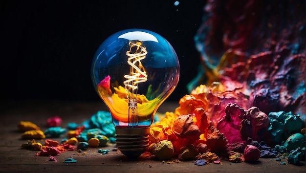 Photo a light bulb with colorful paint splattered on it