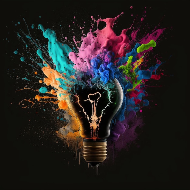 A light bulb with a colorful splashes of paint on it.