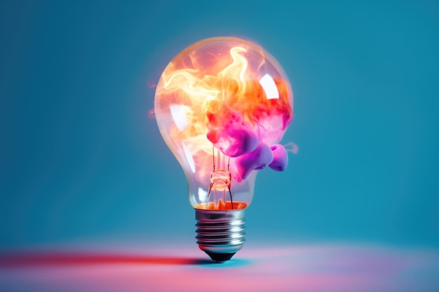 Light bulb with colour explosion on blue background created using generative ai technology