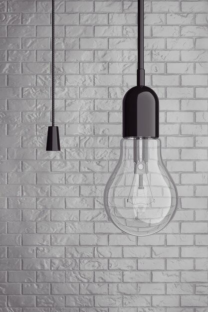 Light Bulb with Cord  Switch in front of Brick Wall. 3d Rendering