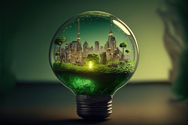 Light bulb with eco city inside, background, sustainability concept. AI digital illustration