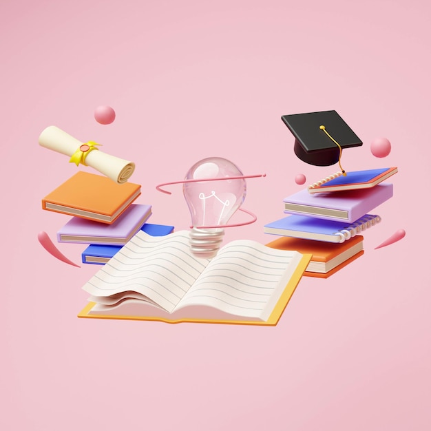 Photo light bulb with education learning on school and university or idea concept open book with light bulb and graduation cap 3d render