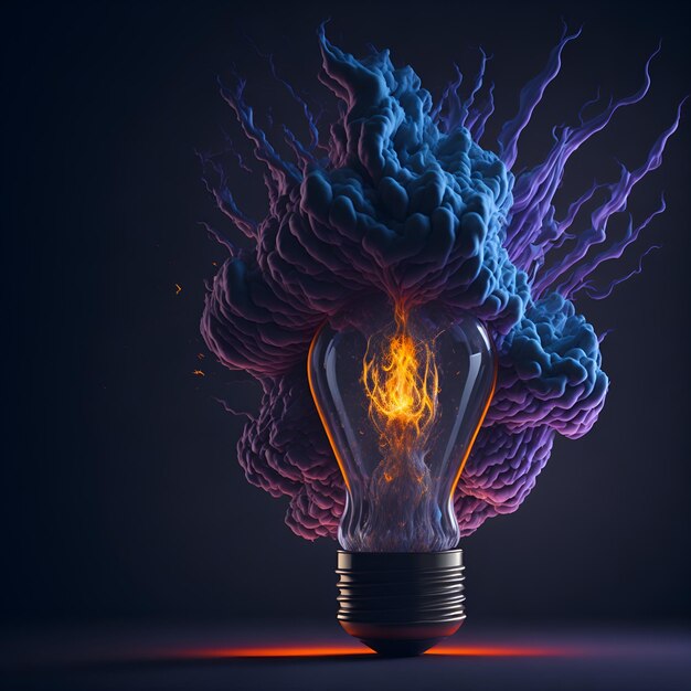 A light bulb with a fire on it and a blue and purple flame on the bottom.