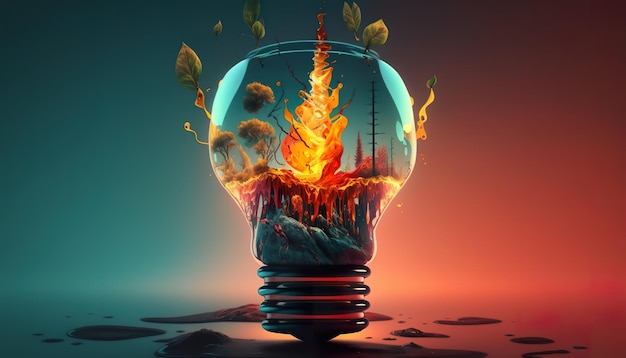 A light bulb with a fire on it