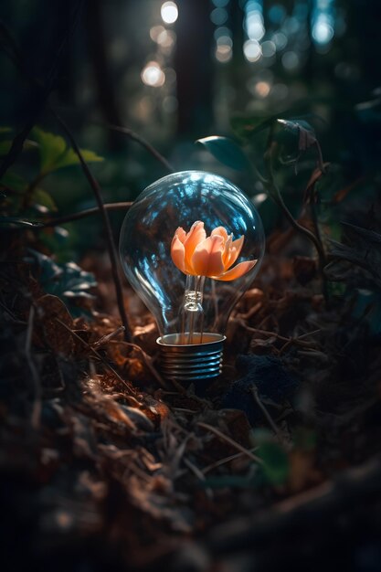 A light bulb with a flower in it