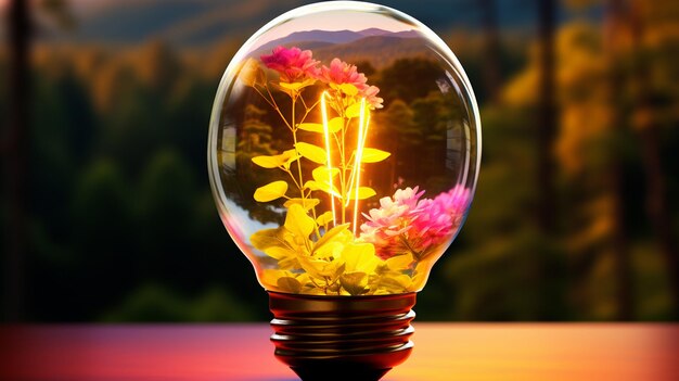 a light bulb with flowers in the background