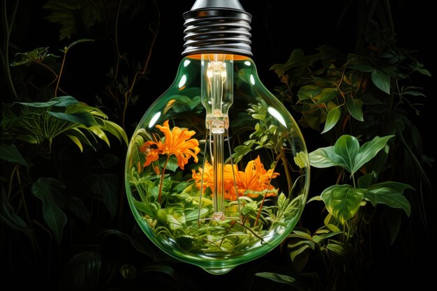 A light bulb with flowers inside of it