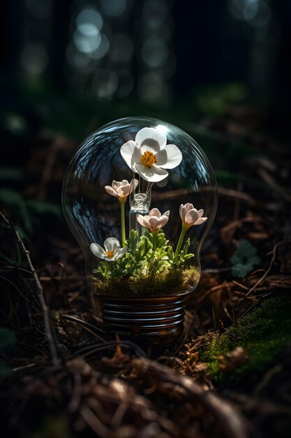 A light bulb with flowers inside