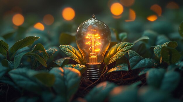 Photo light bulb with a fresh leaves