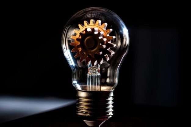 A light bulb with a gear inside is in the dark