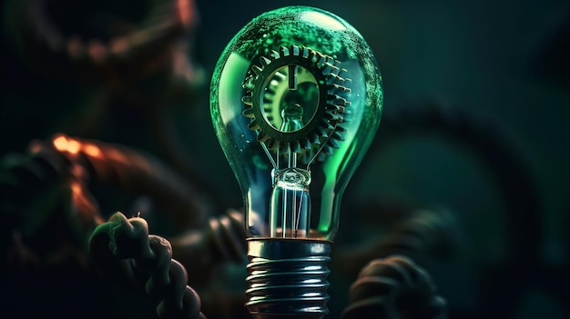 Light bulb with gears and cogwheels on a dark backgroundgenerative ai