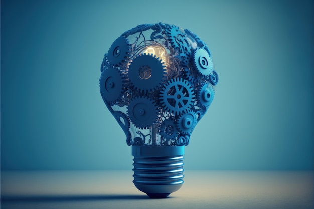 Light bulb with gears creativity and innovation concept blue background AI