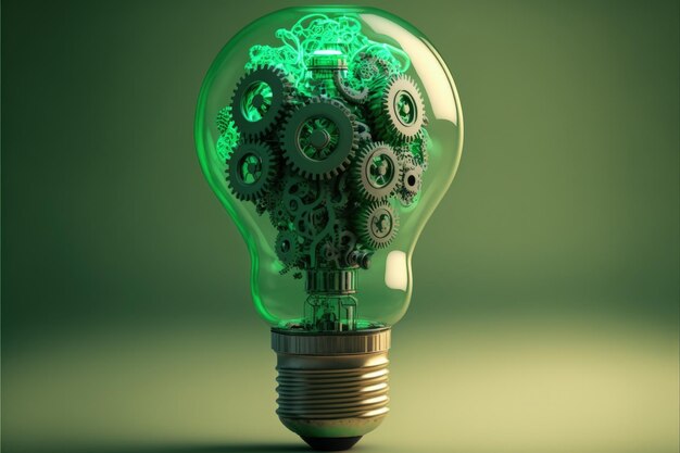 Light bulb with gears ideas concept green background Generative AI