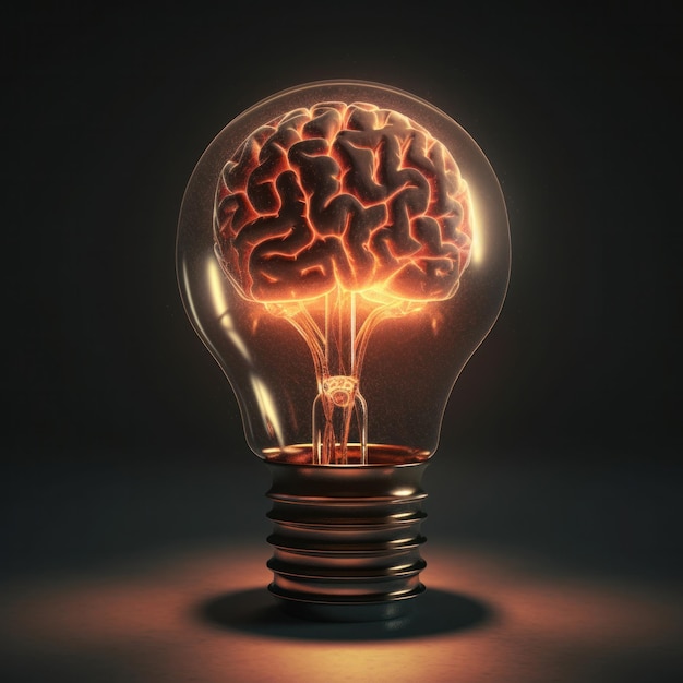 内側に輝く脳を持つ電球は 強力な視覚的表現です