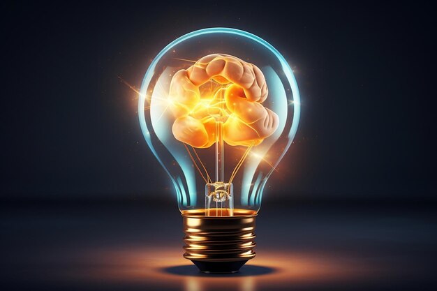 A light bulb with a glowing brain inside of it AI