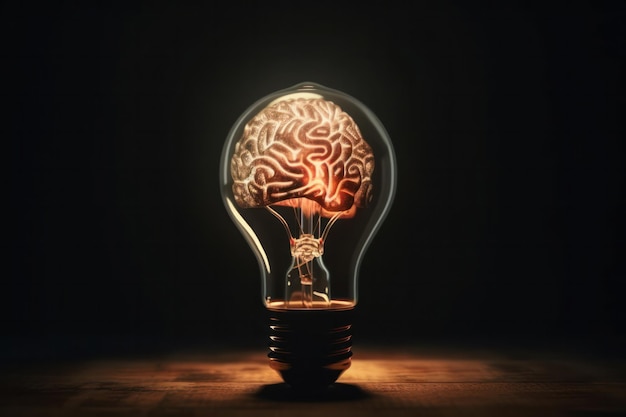 Light bulb with a glowing brain inside represents the power of idea and intelligence and the potential for innovative thinking This image is perfect for showcasing the concept of vision AI Generative