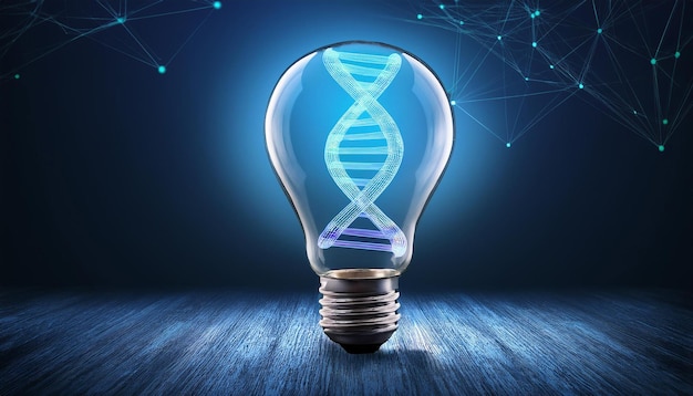 light bulb with glowing dna structure inside representing innovation and scientific breakthrough