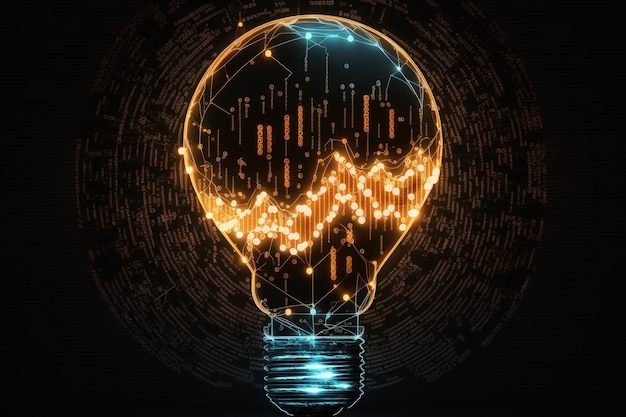 A light bulb with a graph of mountains in the middle.