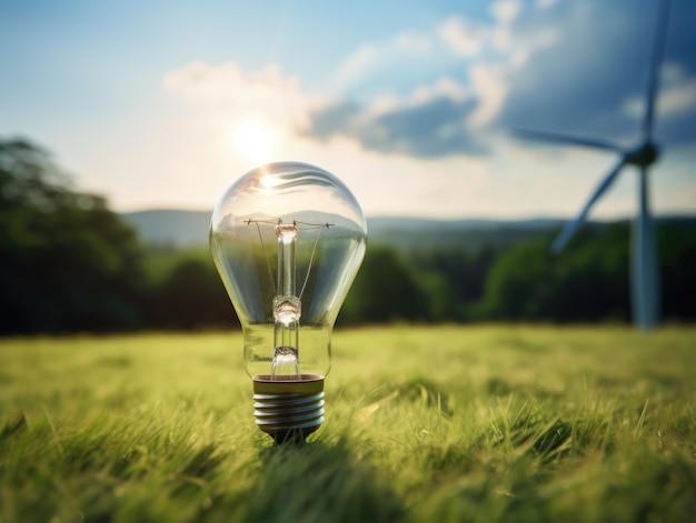 A light bulb with green field and wind turbines in the style of light beige and sky blue