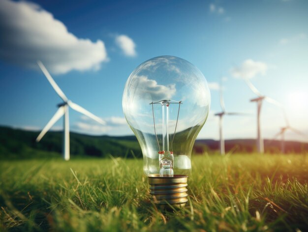 A light bulb with green field and wind turbines in the style of light beige and sky blue