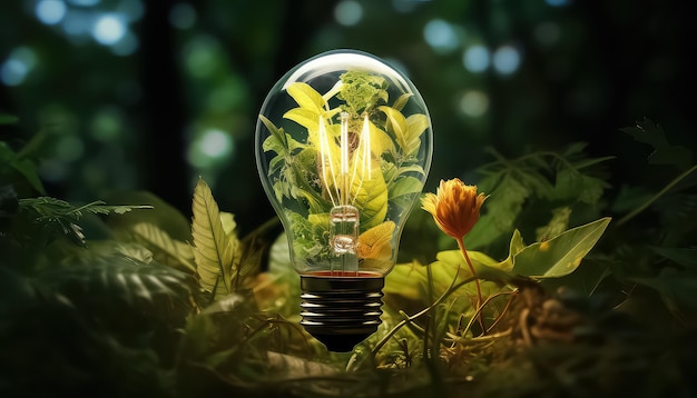 light bulb with green grass on foliage background