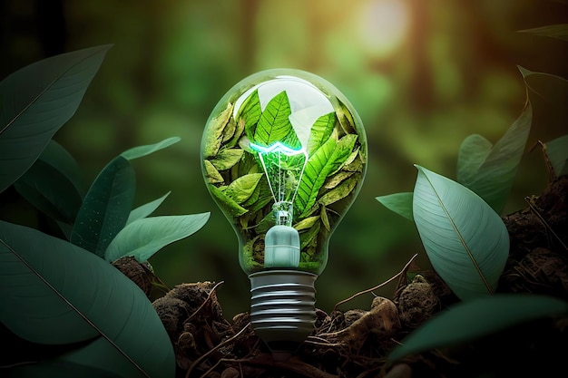 Light bulb with green leaves in the nature generative ai design