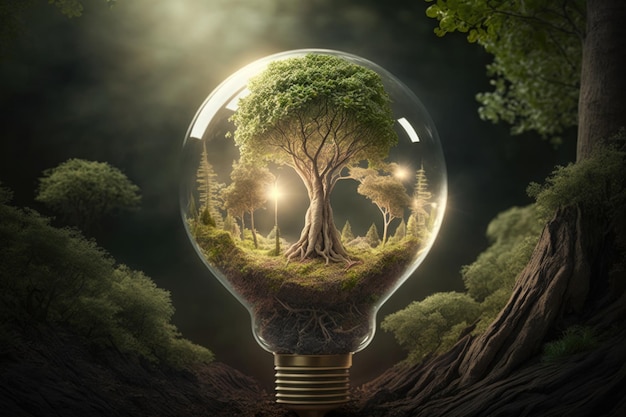 Лампочка с зеленым деревом Иллюстрация AI Генеративный