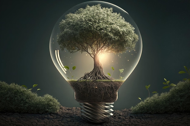 Light bulb with green tree Illustration AI Generative