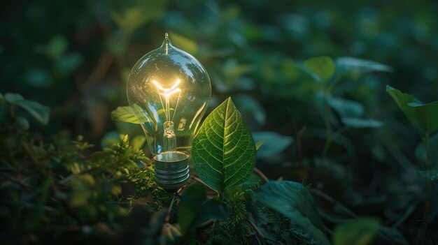 Foto lampadina con foglie in crescita idea di sostenibilità con pianta sullo sfondo naturale giorno della terra