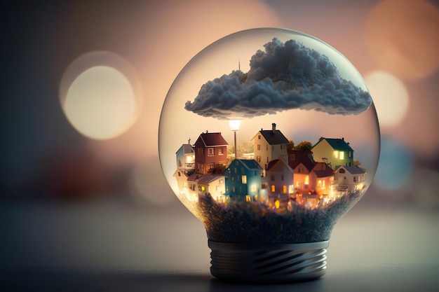 A light bulb with a house inside