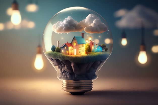 A light bulb with a house inside.