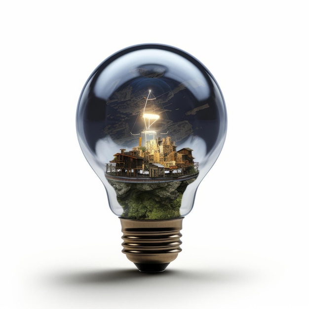 A light bulb with an image of a city inside it