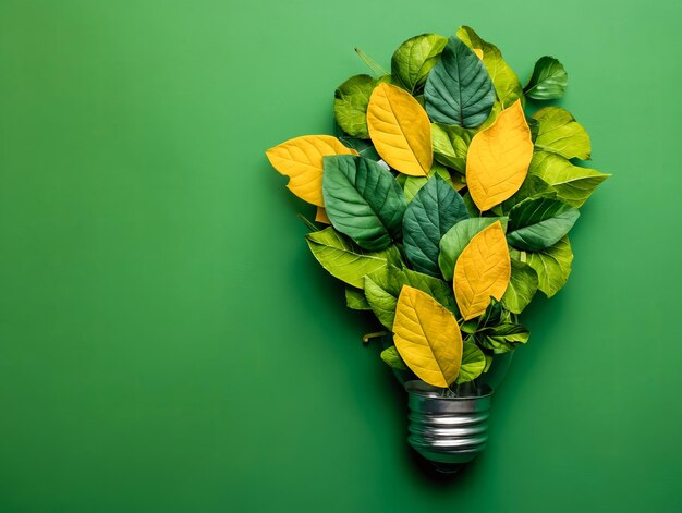 Foto lampadina con foglie su sfondo verde