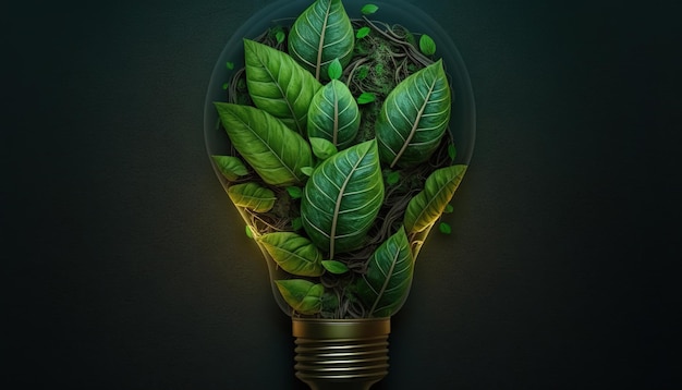 A light bulb with leaves inside is on a dark background.