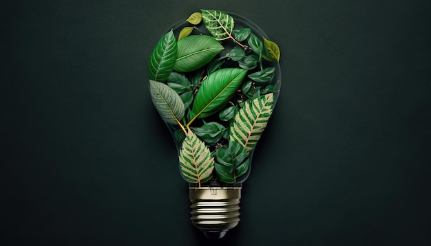 A light bulb with leaves inside is surrounded by leaves.