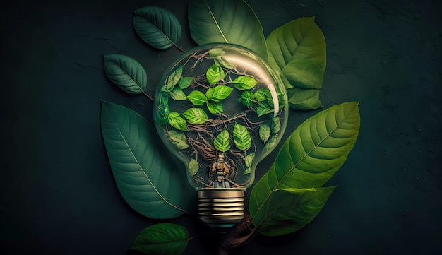 A light bulb with leaves on it and a plant inside it