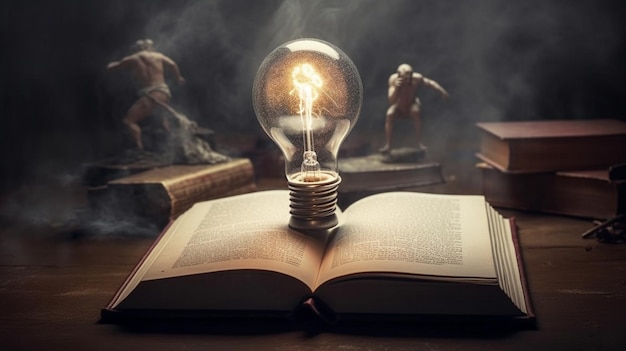 Light bulb with light effect on old book