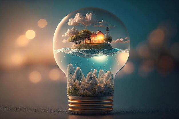 A light bulb with a lighthouse inside.