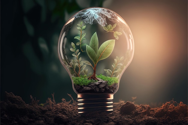 Light bulb with little plants inside, background, sustainability concept. AI digital illustration