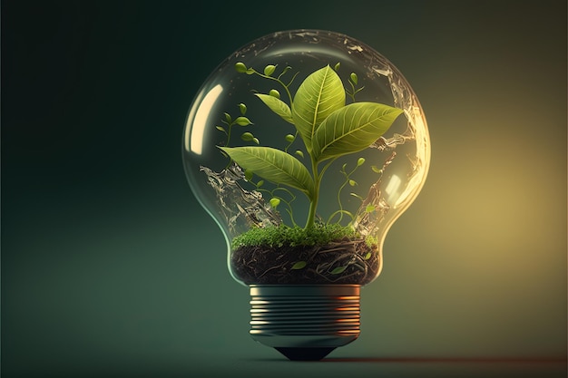 Light bulb with little plants inside, background, sustainability concept. AI digital illustration