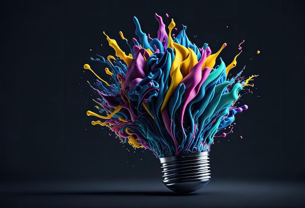 A light bulb with paint splashes and a black background.