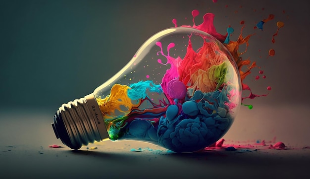 Photo a light bulb with a paint splashing out of it