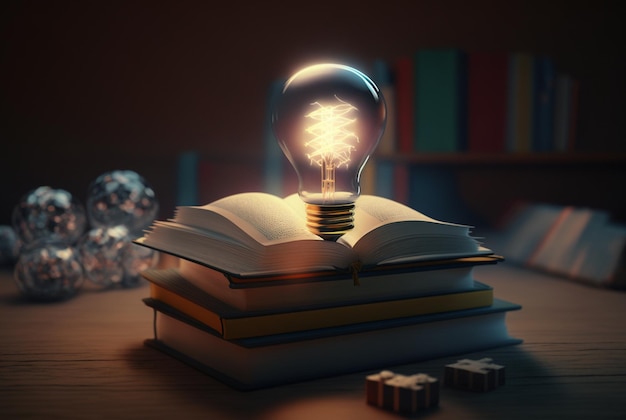 Ai 生成を読んでインスピレーション イノベーション クリエイティビティを高めるための概念的な本の山を持つ電球