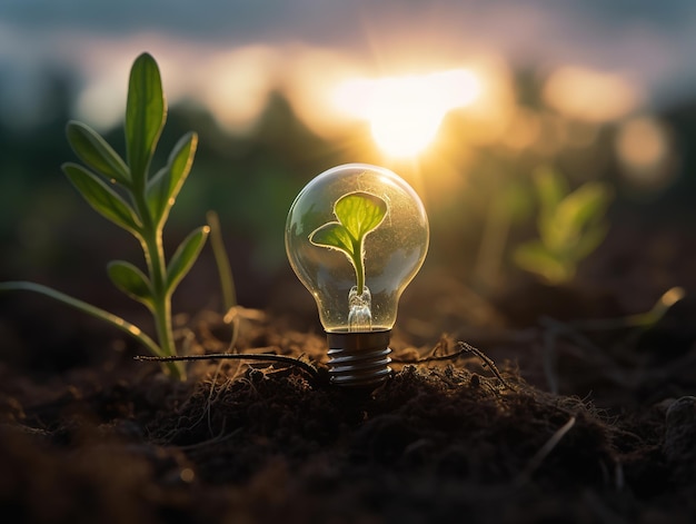 A light bulb with a plant growing out of it